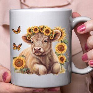 🐄 Highland Cow & Sunflowers Mug - 11oz White Ceramic - Rustic Farmhouse Style